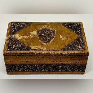 Mid Century Vintage Lion Crest Embosssed Embellished Leather Wood Jewelry Box